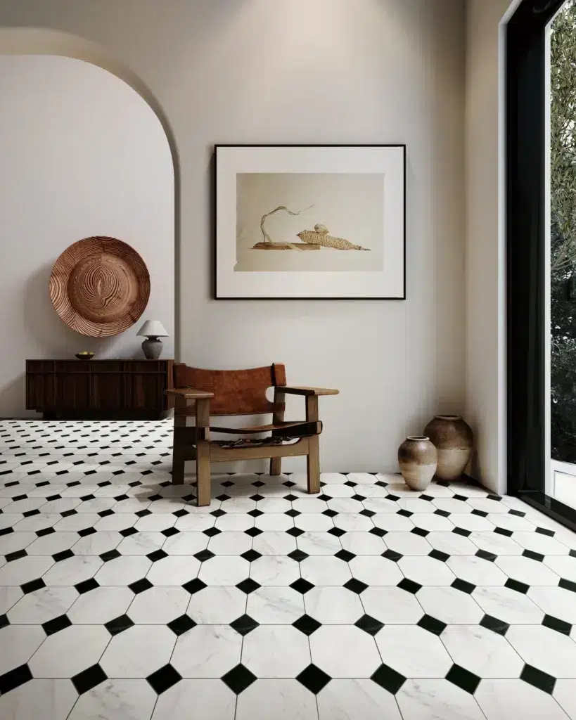 Avorio Saigon with Kuro Dot, Honed - Kuro, installed setting
