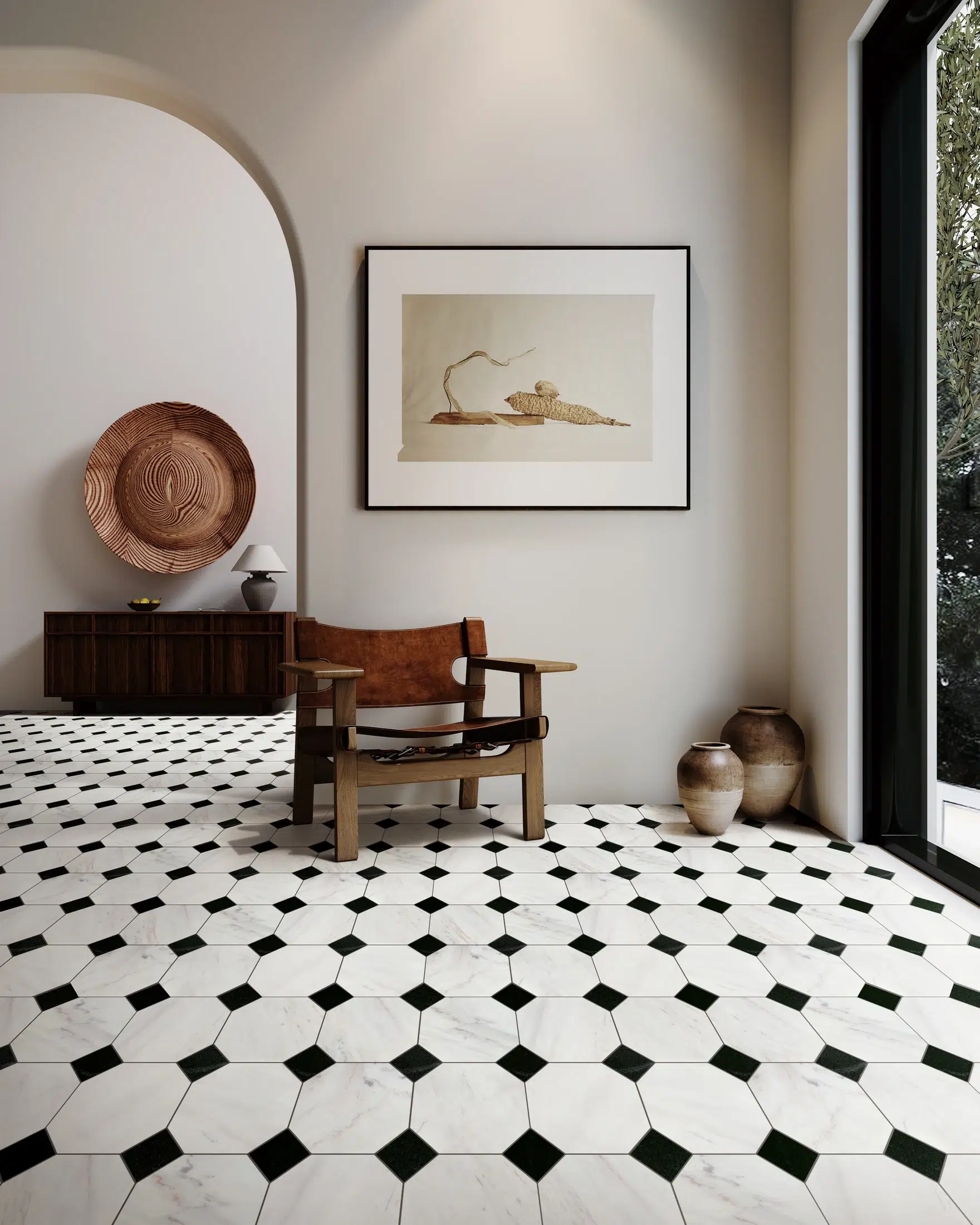 Avorio Saigon with Kuro Dot, Honed - Kuro, installed setting