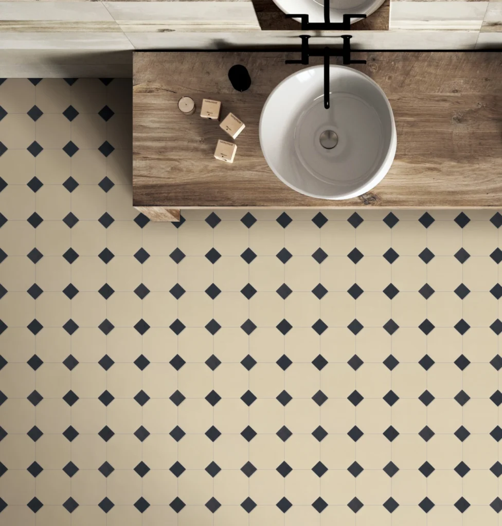 Porcelain Octagon Matte Mosaic - Graphite Beige, installed setting