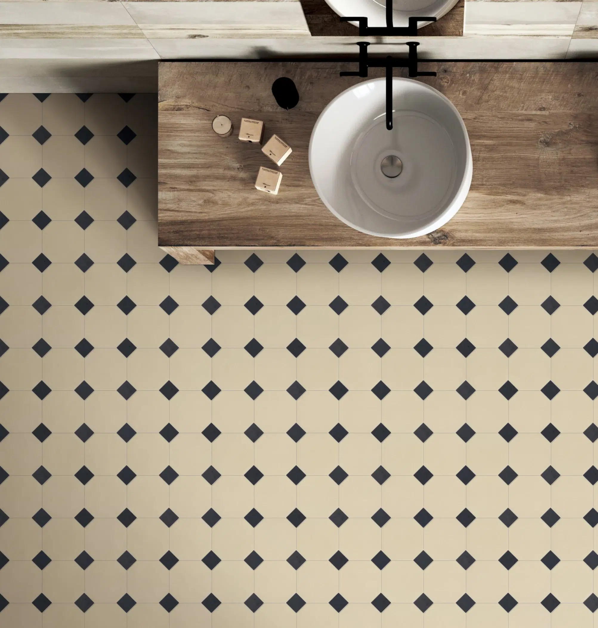 Porcelain Octagon Matte Mosaic - Graphite Beige, installed setting