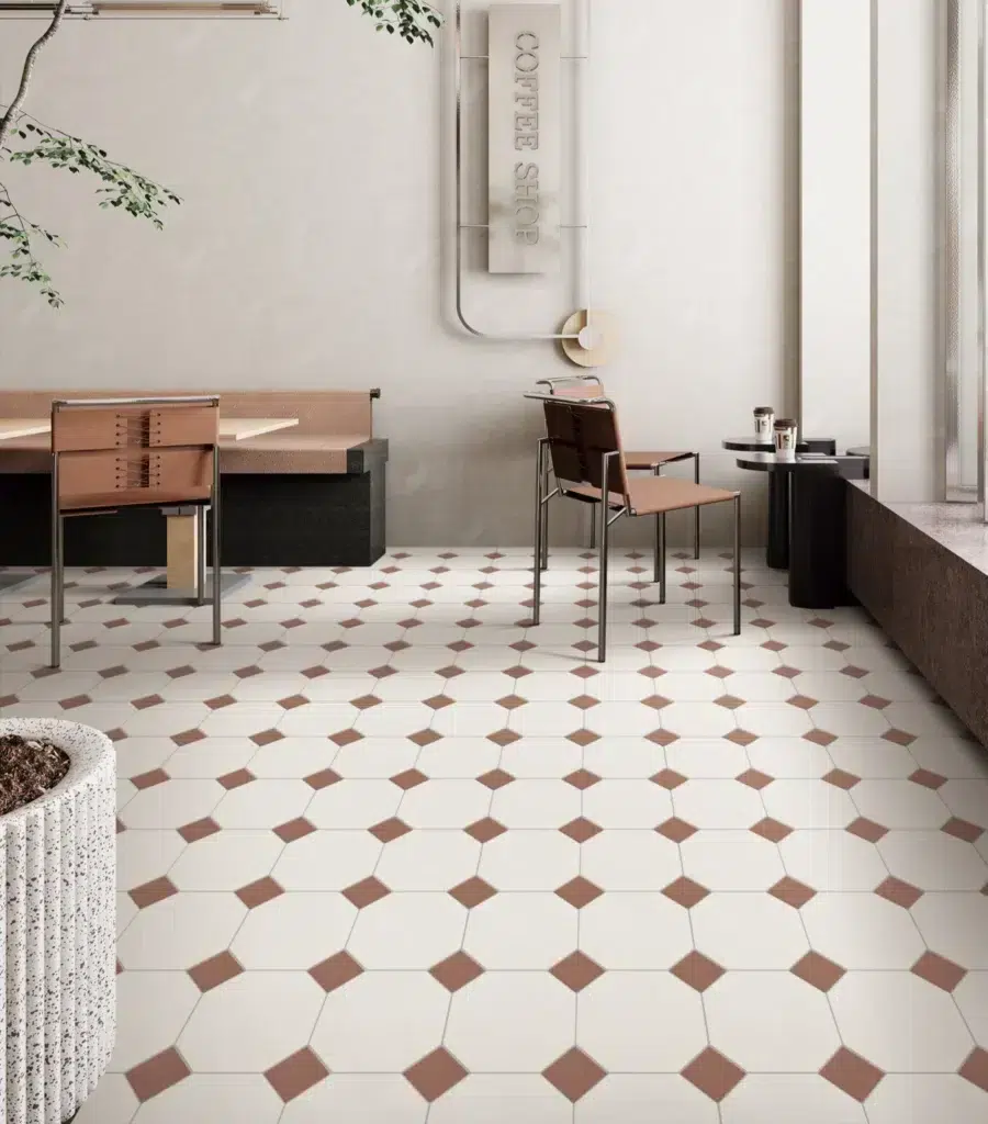 Porcelain Octagon Matte Mosaic - Terracotta, installed setting