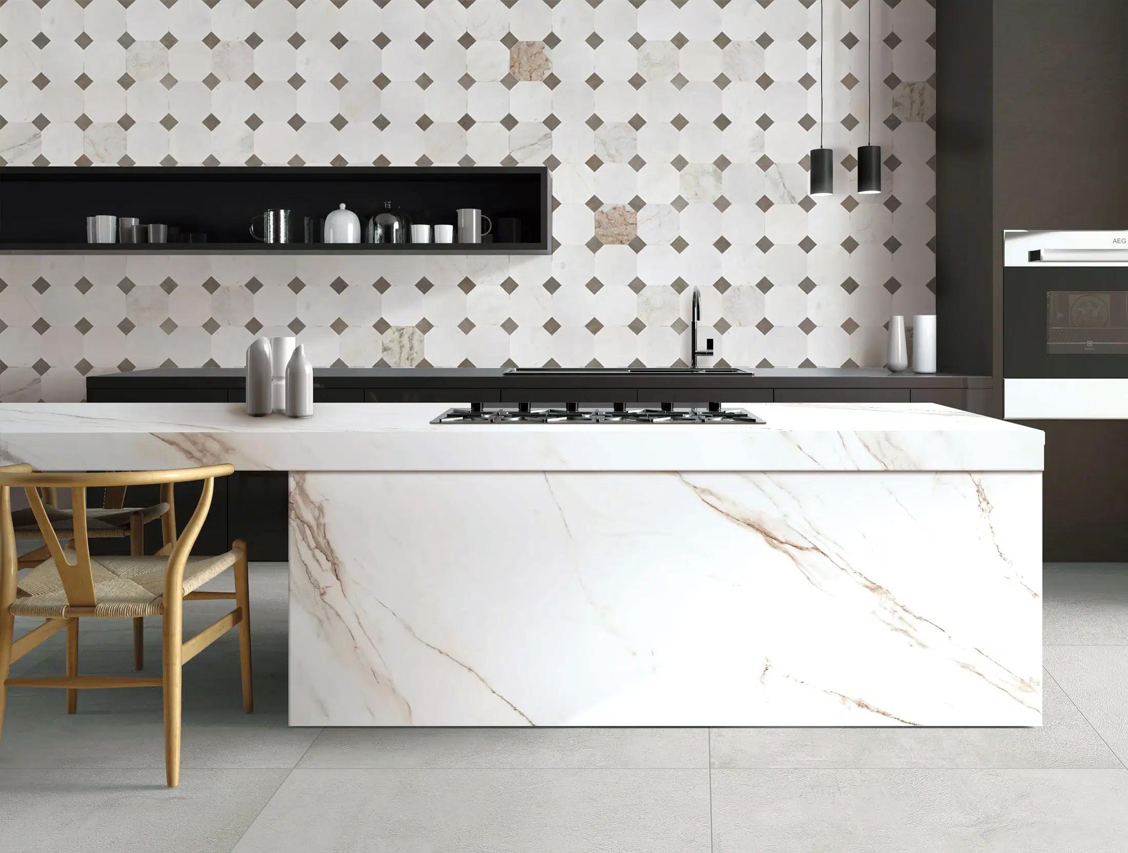 Valentino Bianco with Latte Dot, Honed - Latte, installed setting