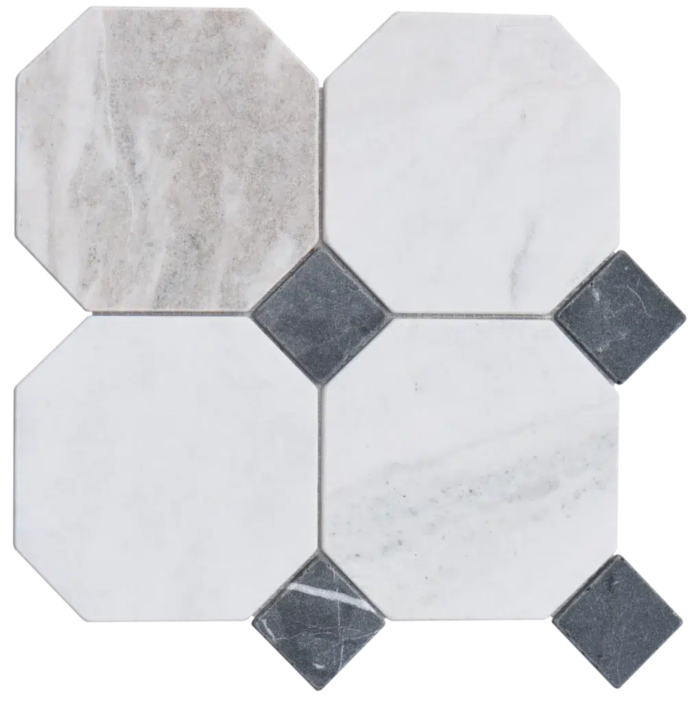 Valentino Bianco with Nero Dot, Tumbled - Nero mosaic sheet / feuille de mosaïque