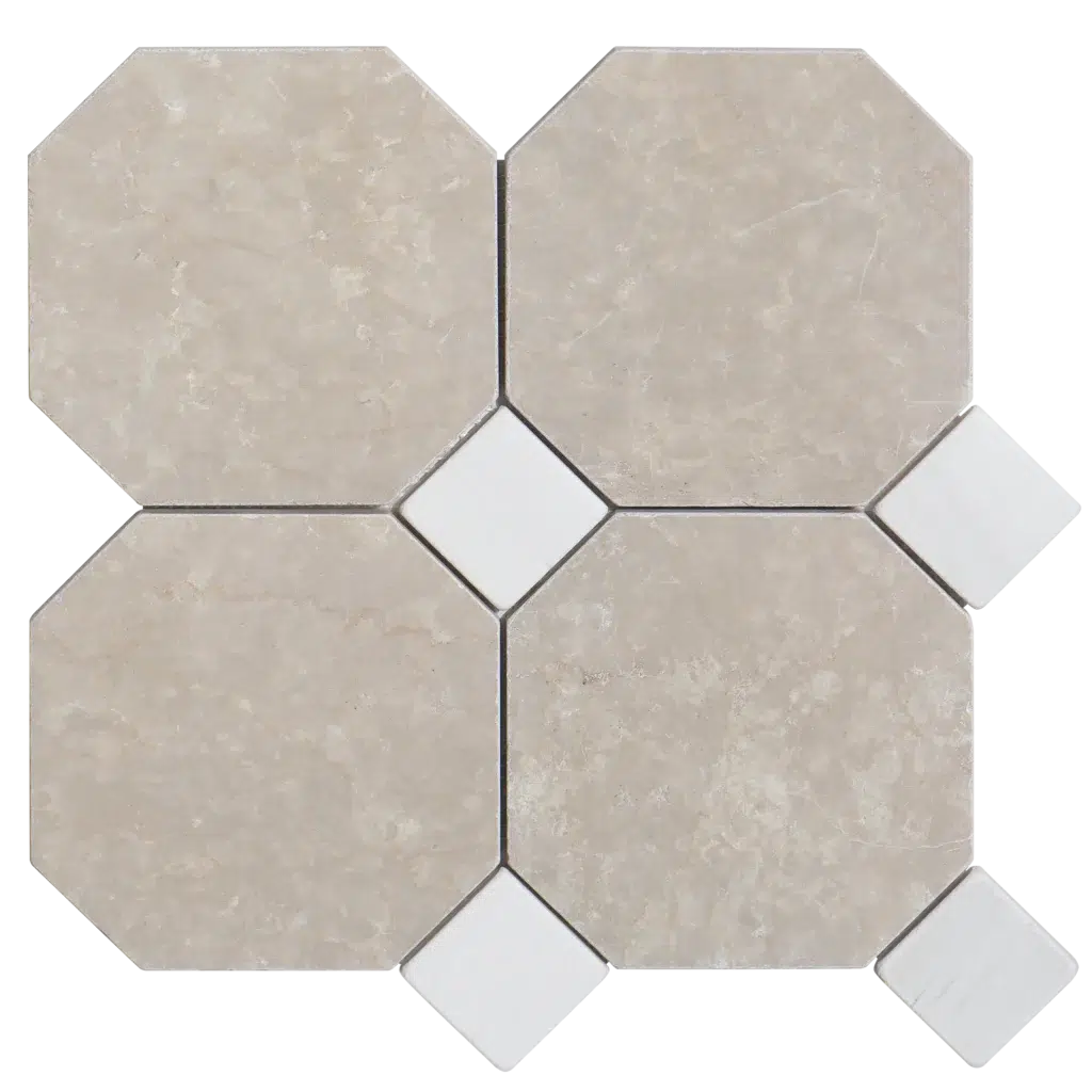 6 in Octagon Marble Mosaic with Dot, Tumbled - Botticino with Bianco Dot / tile face / face du carreau