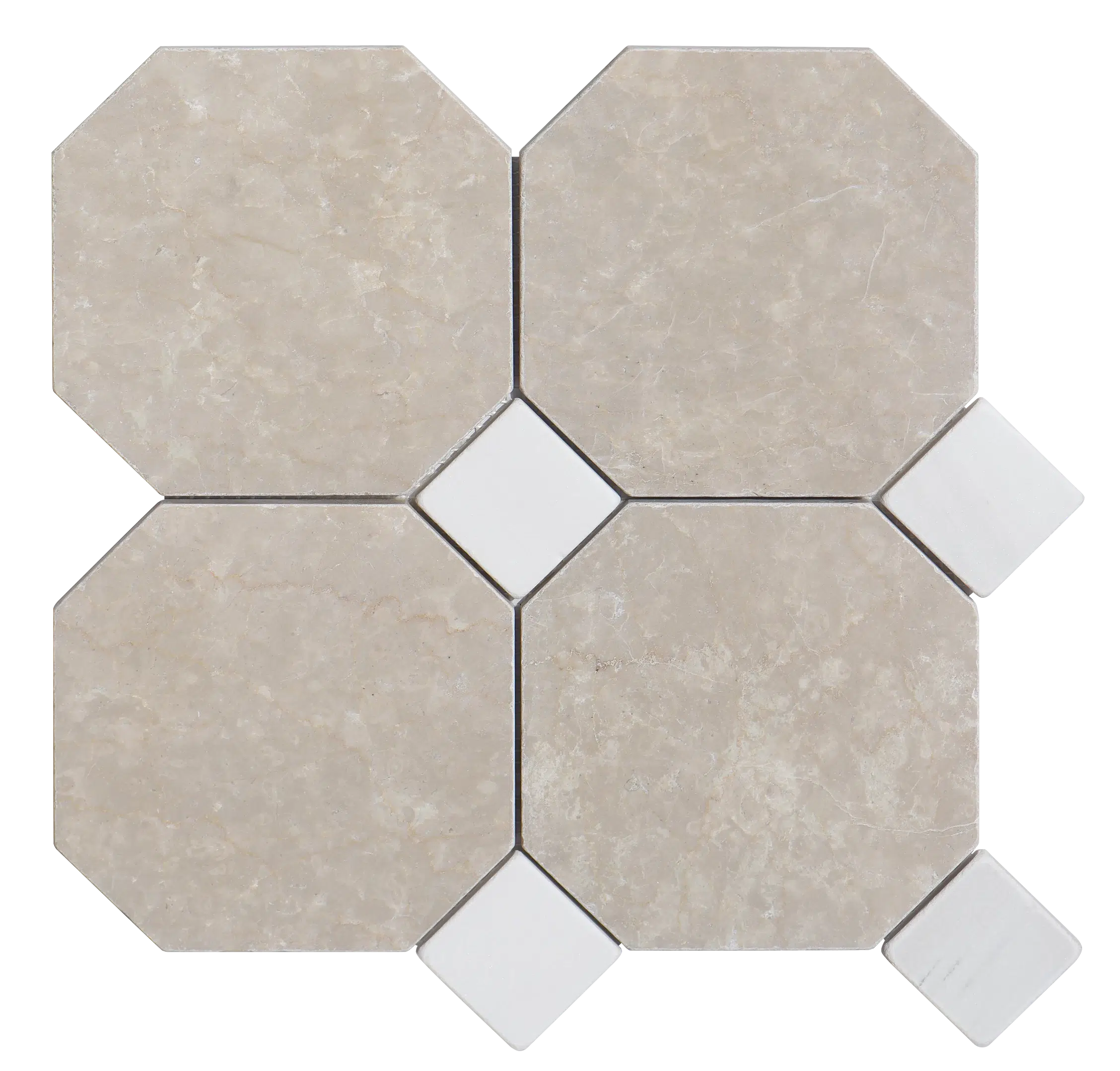 Mosaïque de marbre octogone de 6 po avec point, vieillie — Botticino avec point Bianco