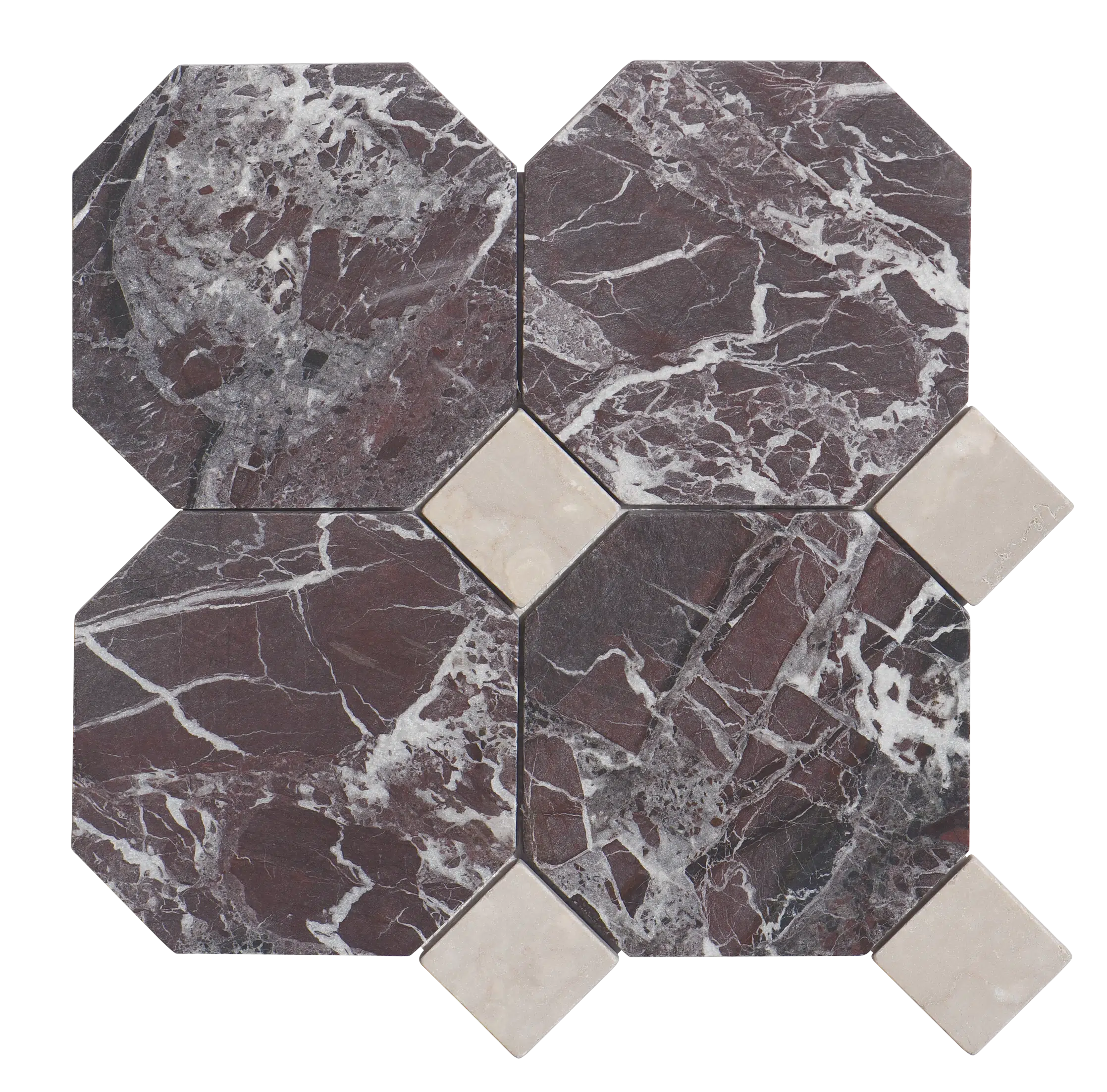 Mosaïque de marbre octogone de 6 po avec point, vieillie — Rosso Levanto avec point Crema