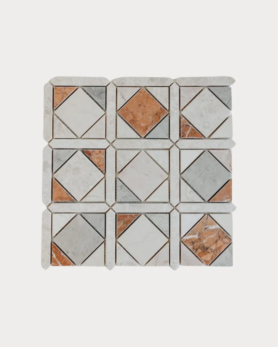 Mosaïque motif Patchwork — Guang Red, Bianco Perlino, Thala Grey, White Rose & Rosso Alicante